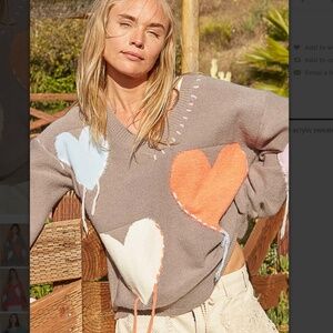 POL V-Neck Sweater with Heart Design - Brown, Orange, Blue, White